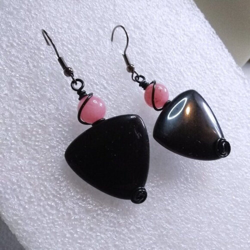 "Little Black Dress" Statement Earrings: Black Jasper & Pink Agate - Picture 7 of 10